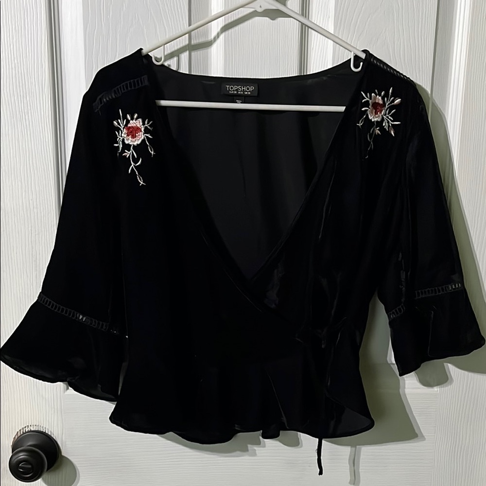 Topshop Black Velvet Embroidered Women's Top